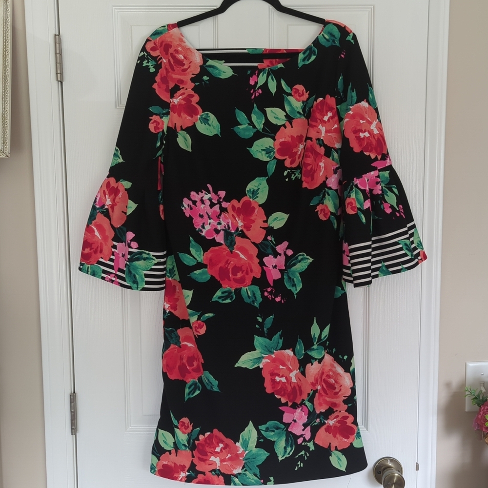 Jessica Howard Black Floarl Midi Dress Flutter Sleeves Stripes - Women's Size 16